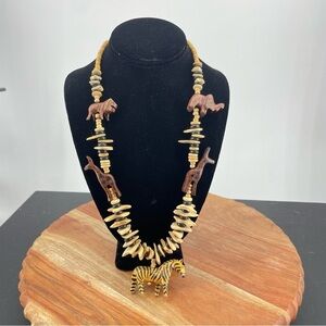 Vintage NECKLACE Hand Carved Wooden Beaded zebra elephant 24” Lagenlook African